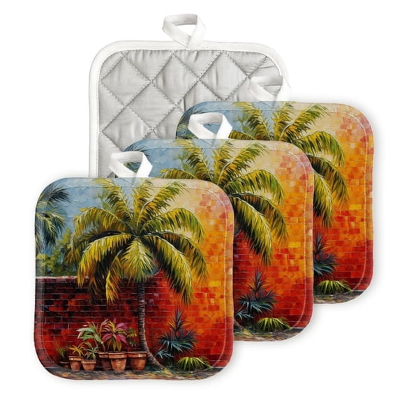 BaHomeck Pot Holders 4pcs dacron Made Square heat-resisting mat Machine Washable for Kitchen Oven Hot Pads 6.7inch*6.7inch,Exotic Palm Tree In Front Of Red Brick Wall