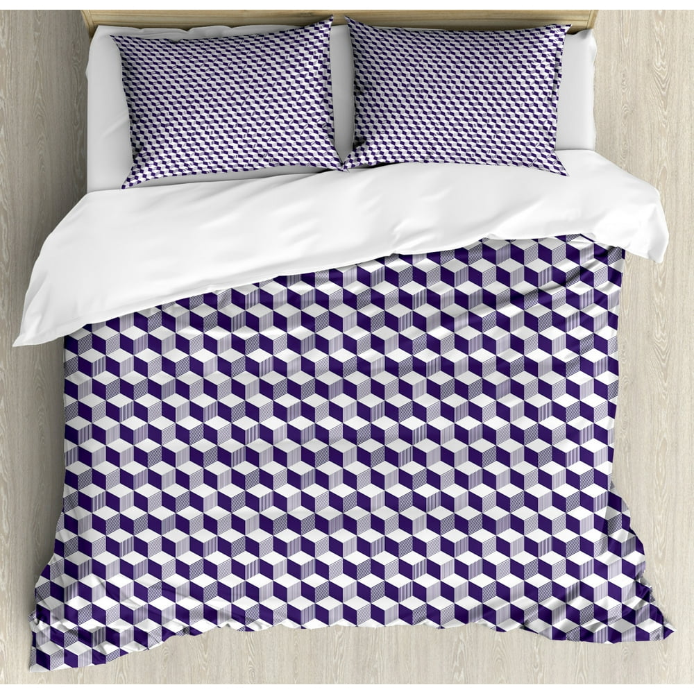 Navy Blue Duvet Cover Set, Abstract Cube Shape Striped Geometric Three