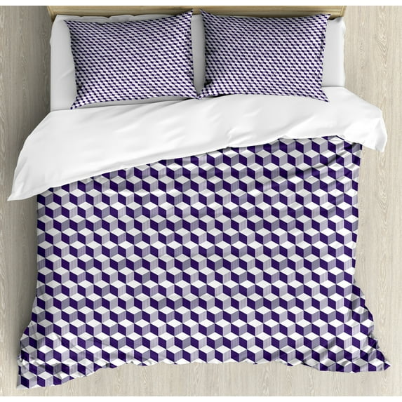 Navy Blue Duvet Cover Set Queen Size, Abstract Cube Shape Striped Geometric Three Dimension Pattern Squares and Lines, Decorative 3 Piece Bedding Set with 2 Pillow Shams, Night Blue, by Ambesonne