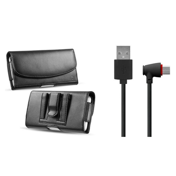 Luxmo PU Leather Belt Holster Card Slot Carry Case (Black) for Samsung Galaxy A10e with Right Angle Flexible USB Type-C Charger Cable (4 Feet) and Atom Cloth