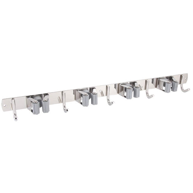 soporte para trapeador y escoba fugacal gris de acero inoxidable 304 con 4 estantes Barra montada en pared, vista frontal con cuatro abrazaderas de goma gris para mangos y cinco ganchos metálicos en placa pulida; placa de montaje perforable con orificios en los extremos, longitud aprox.50 cm (19.7 in), ideal para balcones y baños, suele usarse también para colgar paños y cepillos de limpieza.