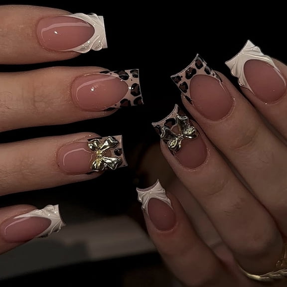 Long Presses On Nails French Manicure Design Leopards Print 3D Bows and Sweet Pastel NonToxic Nails Art For Women