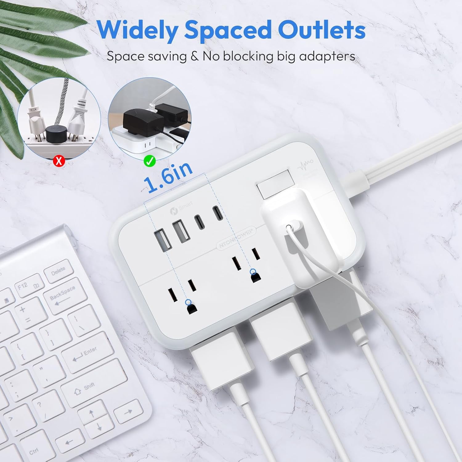 Extension Cord 15 ft, Power Strip with 6 Outlets 4 USB Charr(2 C Port), Flat Plug Outlet Extender Long Cord, Protection for Indoor, Home, Office Supplies, Dorm Room Essentials