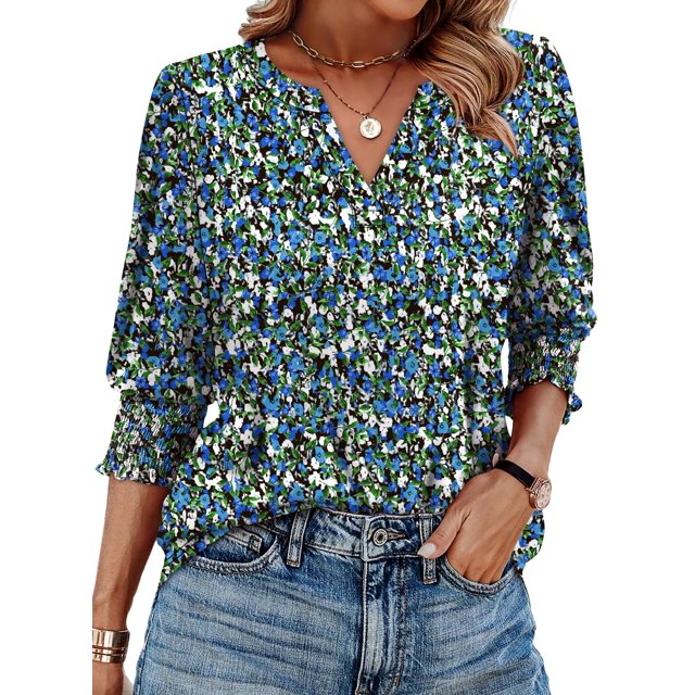 Top WIHOLL Primavera-Verano con estampado floral de manga 3/4 y cuello en V para mujer