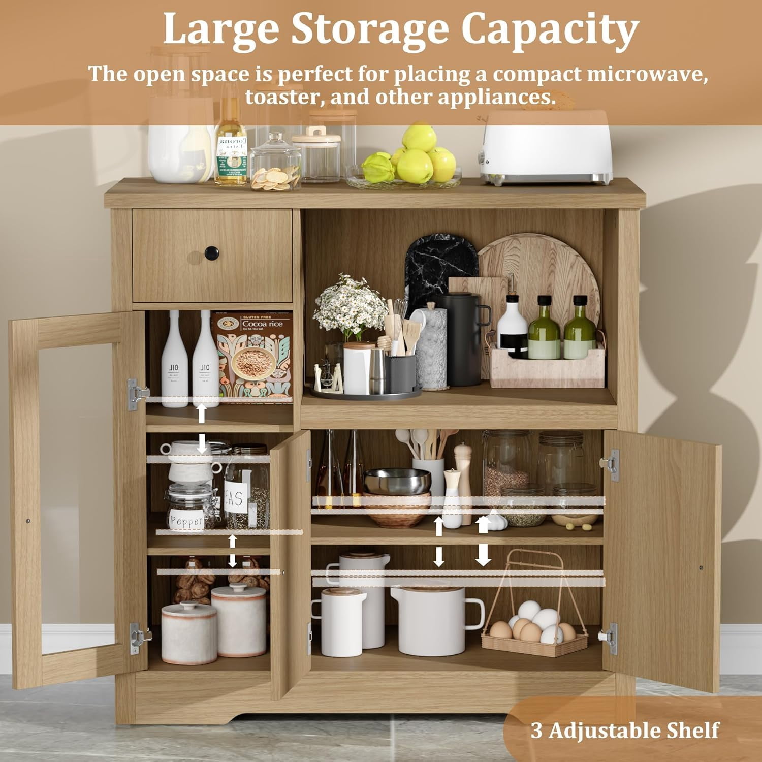 Yeshouse Pantry Storage Cabinet, Multipurpose Kitchen Sideboard with Drawer, 3 Doors & Adjustable Shelving