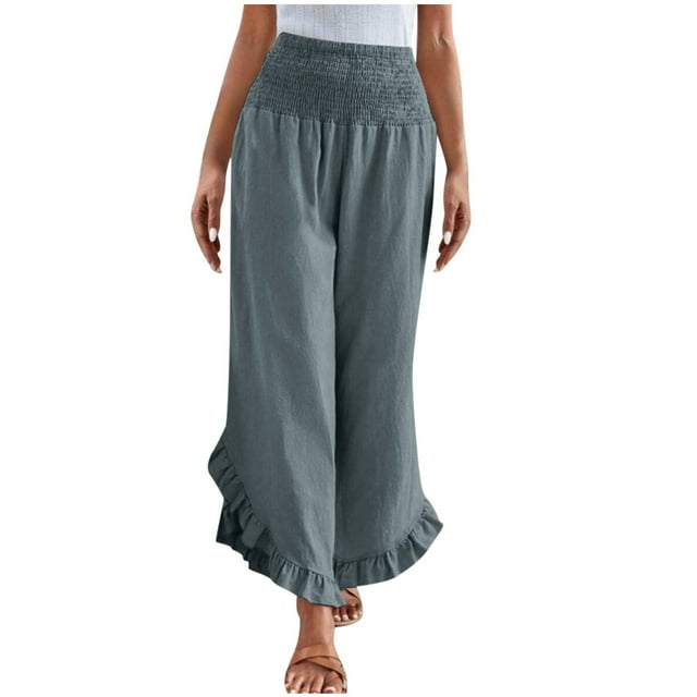 Plebaso Womens Palazzo Pants Smocked High Waist Wide Leg Pants Ruffle Hem Lightweight Flowy Summer Pants