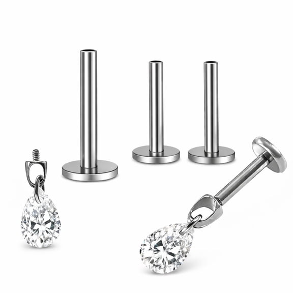 Teardrop CZ Flat Back Stud Earrings 6mm Pear Shape Titanium Body Piercings by Ginger Lyne 2 Sets Post 6mm 8mm