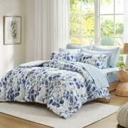 Regency Heights 9-Piece Queen Size Seersucker Comforter Set with Sheets, Texture Botanical Print Bed in a Bag, Blue Bedding Comforter Set with Sheet Set with Side Pocket