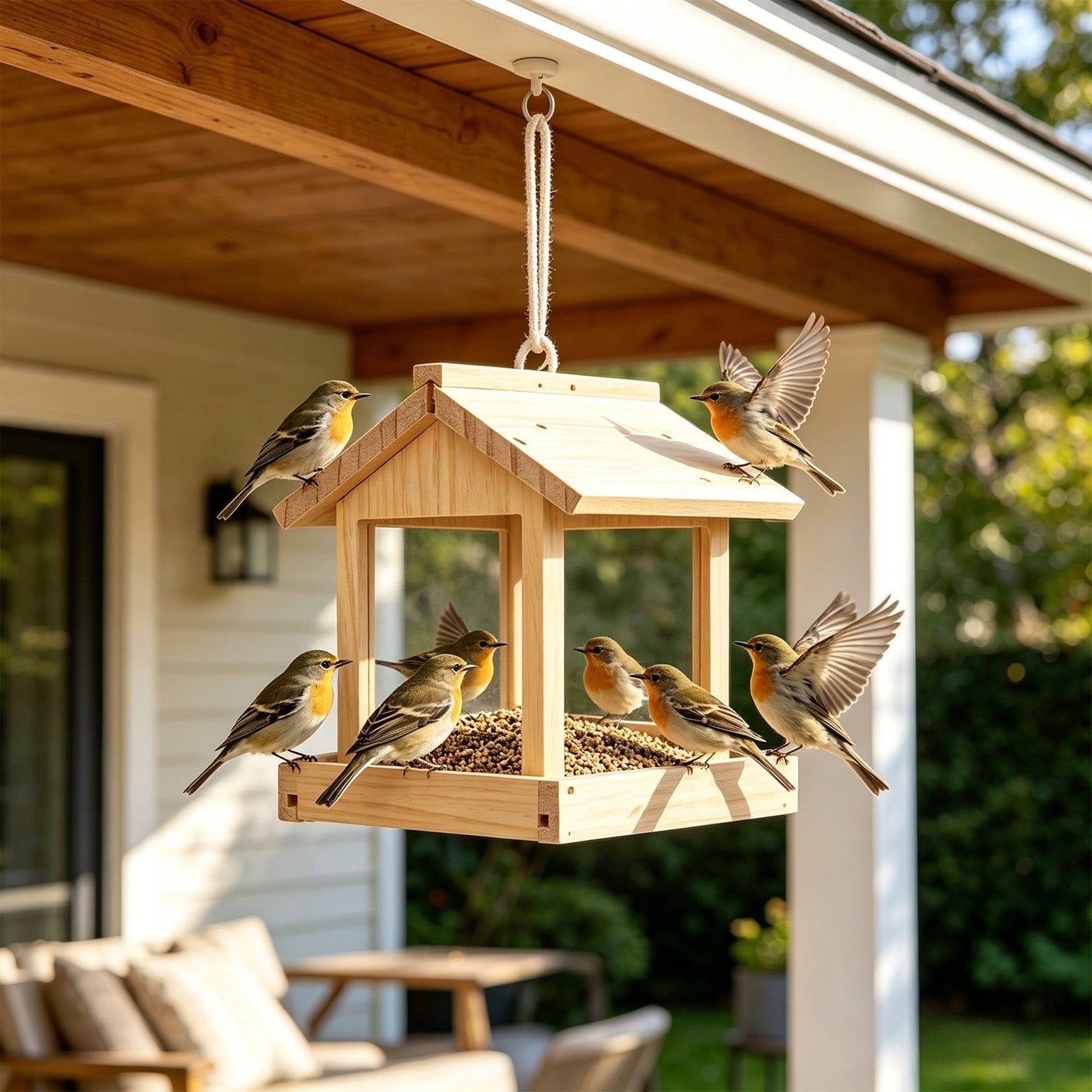 Wooden Hanging Bird Feeder, Open Platform Design for Wild Birds, Outdoor Decorative Bird Feeder for Garden and Backyard