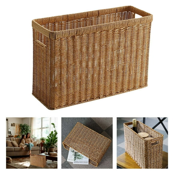 Hbdhejl Support à Magazines en Rotin Tressé avec Poignées Rangement Rectangulaire pour Journaux Bouteilles Bureau à Domicile Brun Magazine
