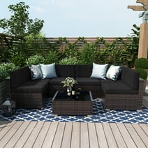 Sunny Hill 7 Piece Outdoor Sectional Patio Conversation Set Wicker Rattan Sofa Chair Set ,Glass Table