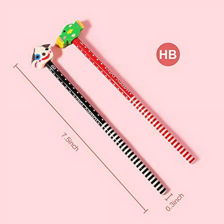 BUSHIBU Kids Wooden Pencils 12 Pack Colorful Stripe Pencil with Cute Cartoon Animals Eraser for School Supplies and Children Prize Gifts