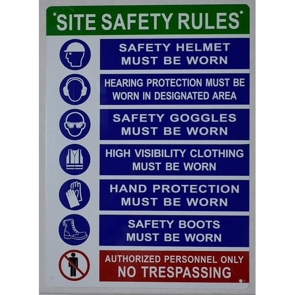 PPE Sign - Site Safety Rules Sign (White ,Aluminium 10x12) (ref-2201)