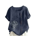 thumbnail image 2 of Vmvidoty Crew Neck Cotton Linen Blouses for Women Dressy Casual Tops Summer Short Sleeve Shirts Fashion Clothes Navy XXXL, 2 of 5