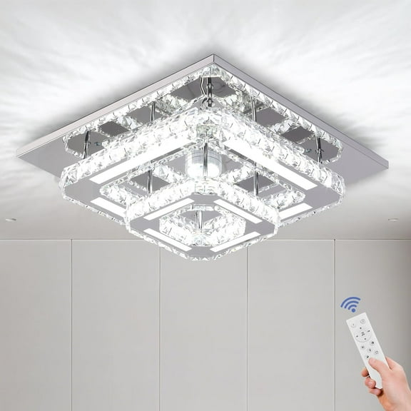 Crystal Ceiling Light Square Chandelier Modern LED Flush Mount 2 Layers Ceiling Lamp Lighting Fixture for Dining Room Living Room Bedrooms Kitchen Hallway Foye