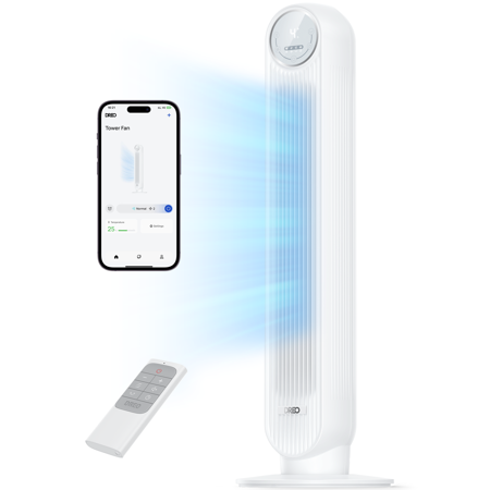Dreo Tower Fan for Bedroom, 25ft/s Smart Standing Fans, 90° Oscillating Floor Fan with 4 Modes, 4 Speeds, 8H Timer, 28dB, Bladeless, Remote, 28 dB, Works with WiFi Voice Control