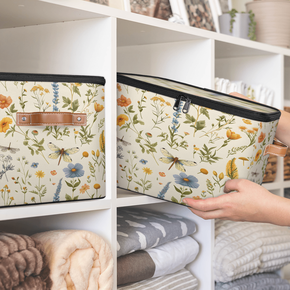 CURLYOOT Watercolor Floral Dragonfly Storage Bin with Zipper Lid, Fabric Decorative Lidded Storage Baskets Boxes, Foldable Organizer Container Basket for Bedroom Closet Shelf
