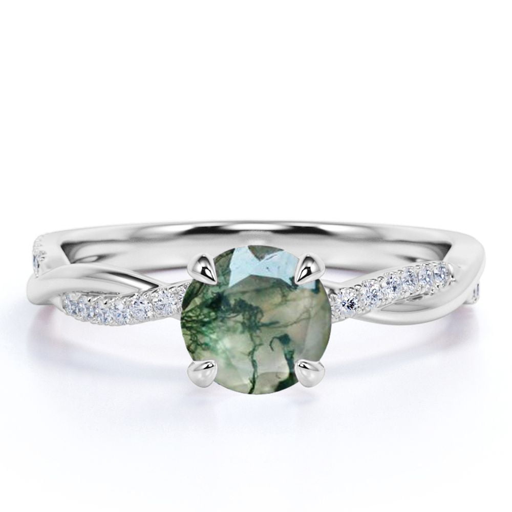 JeenMata 1 Carat Four Prong Setting Cathedral Round Shaped Opaque Milky White Moss Green Agate And Moissanite Semi Pave Infinity Twisted Shank Engagement Ring In 18K White Gold Plating Over Silver