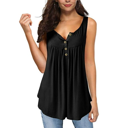 - Womens Summer Sleeveless V Neck Solid Color Casual Swing Flowy Tank Tops with Buttons