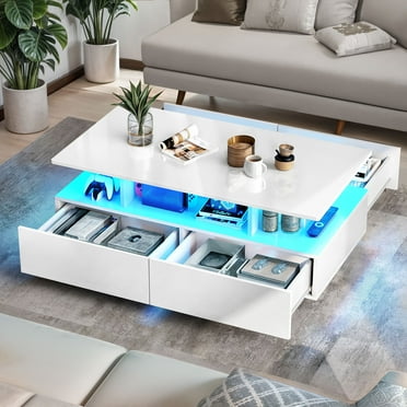 Wooflex Modern Colorful LED Coffee Table, 2-Tier Cocktail Table with Storage Sliding Drawers, Living Room Center Table with Display Shelf, White