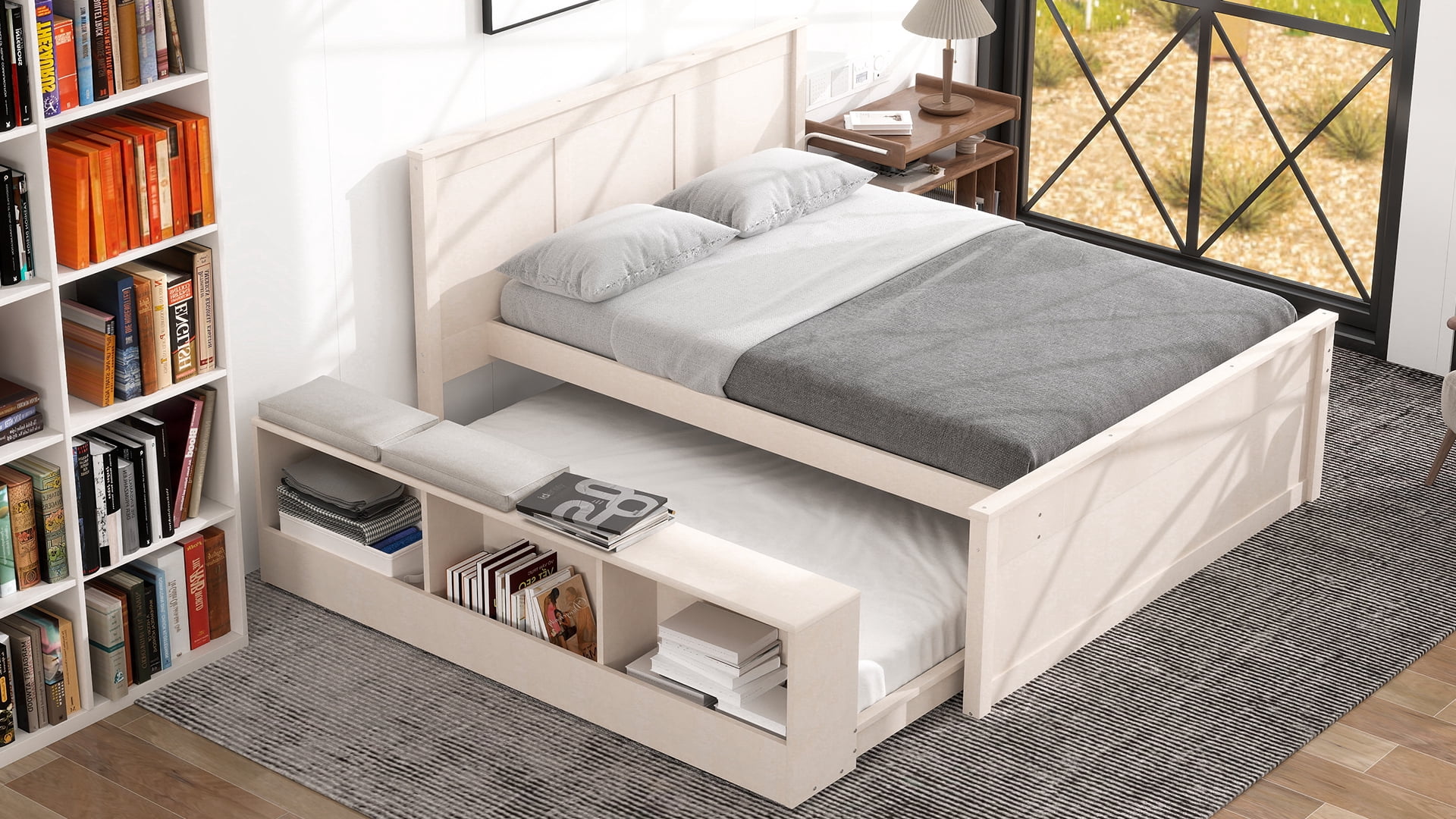 Mintazer Full Platform Bed with Pull-Out Trundle, Modern Bookcase Bed with Storage Cabinet, No Box Spring Needed, White