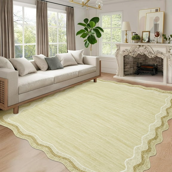 Assaile 9 x 12 ft Polyester Area Rugs, Beige Brown Runner Wave Printed, Indoor Soft Machine Washable Modern Rugs for Entryway Living Room
