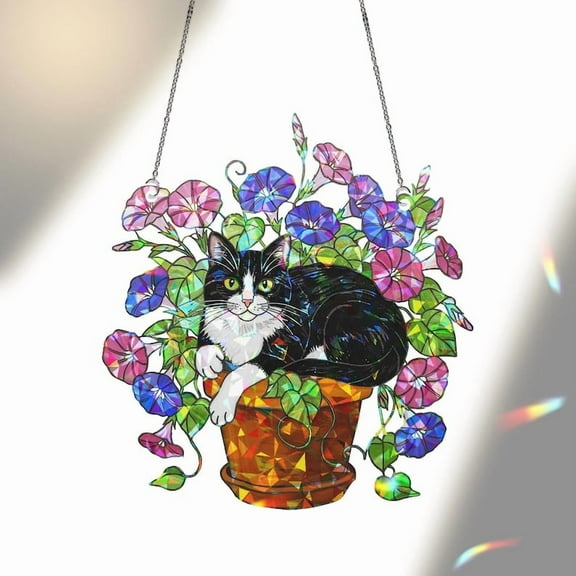 ViciArt Holographic Tuxedo Cat Flower Pot Suncatcher – 4" Acrylic Window Hanging Decor, Multicolor