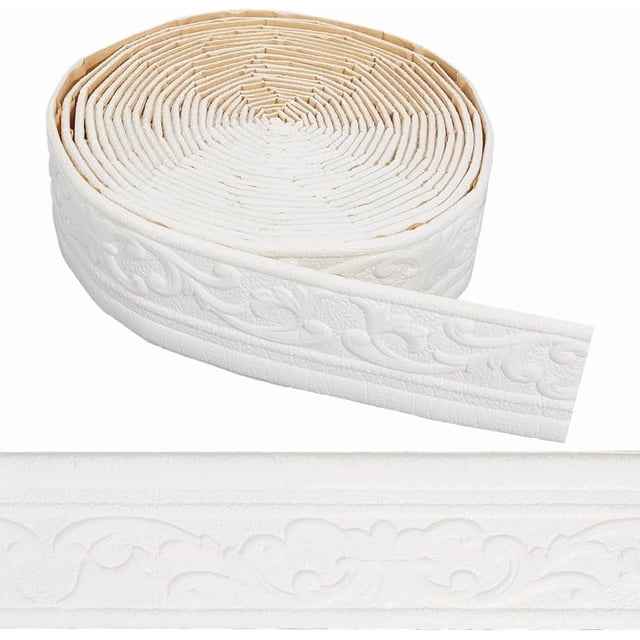 Moldura autoadhesiva de 394 x 3,14 pulgadas, flexible, 3D, color blanco, para papel tapiz, borde de zócalo, espejo, borde de pared adhesivo, líneas de base, espuma