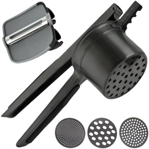 Potato Ricer Stainless Steel (15 oz, Black) - Heavy Duty Potato Masher with 3 Interchangeable Discs & Peeler - Easy Mashed Potatoes Kitchen Tool by Kovilo$$Home Decor, Kitchen, & Other