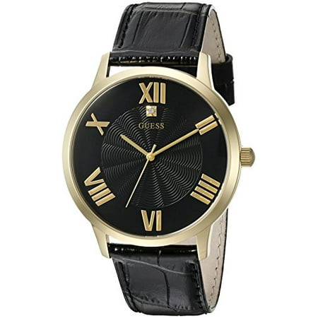 Dressy Leather Watch - Men's U0794G1 Dressy Gold-Tone Watch Plain Black Dial and Genuine Leather Strap Buckle