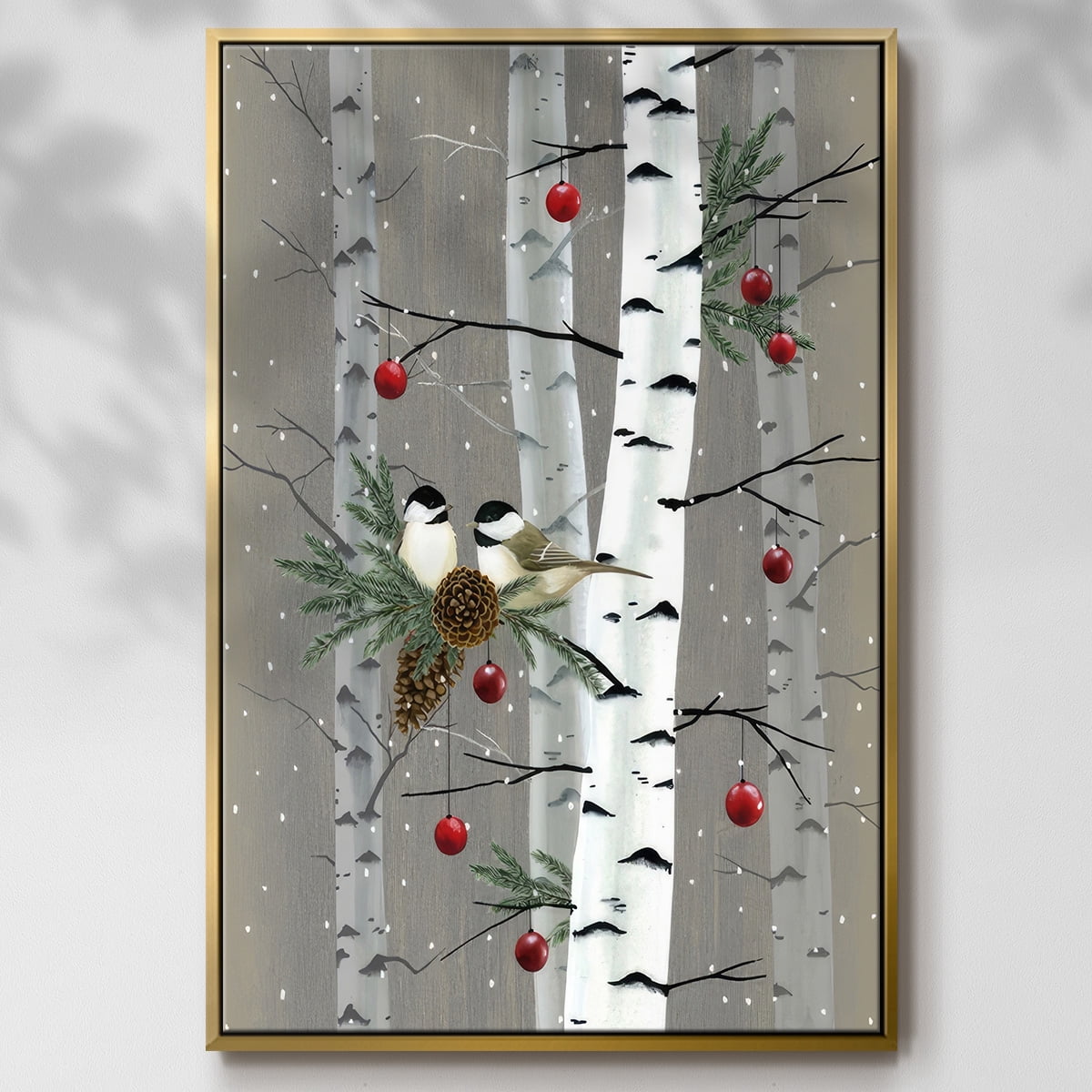 Birch Birds II - Framed Gallery Wrapped Holiday Canvas - 25 x 37 - Gold Frame