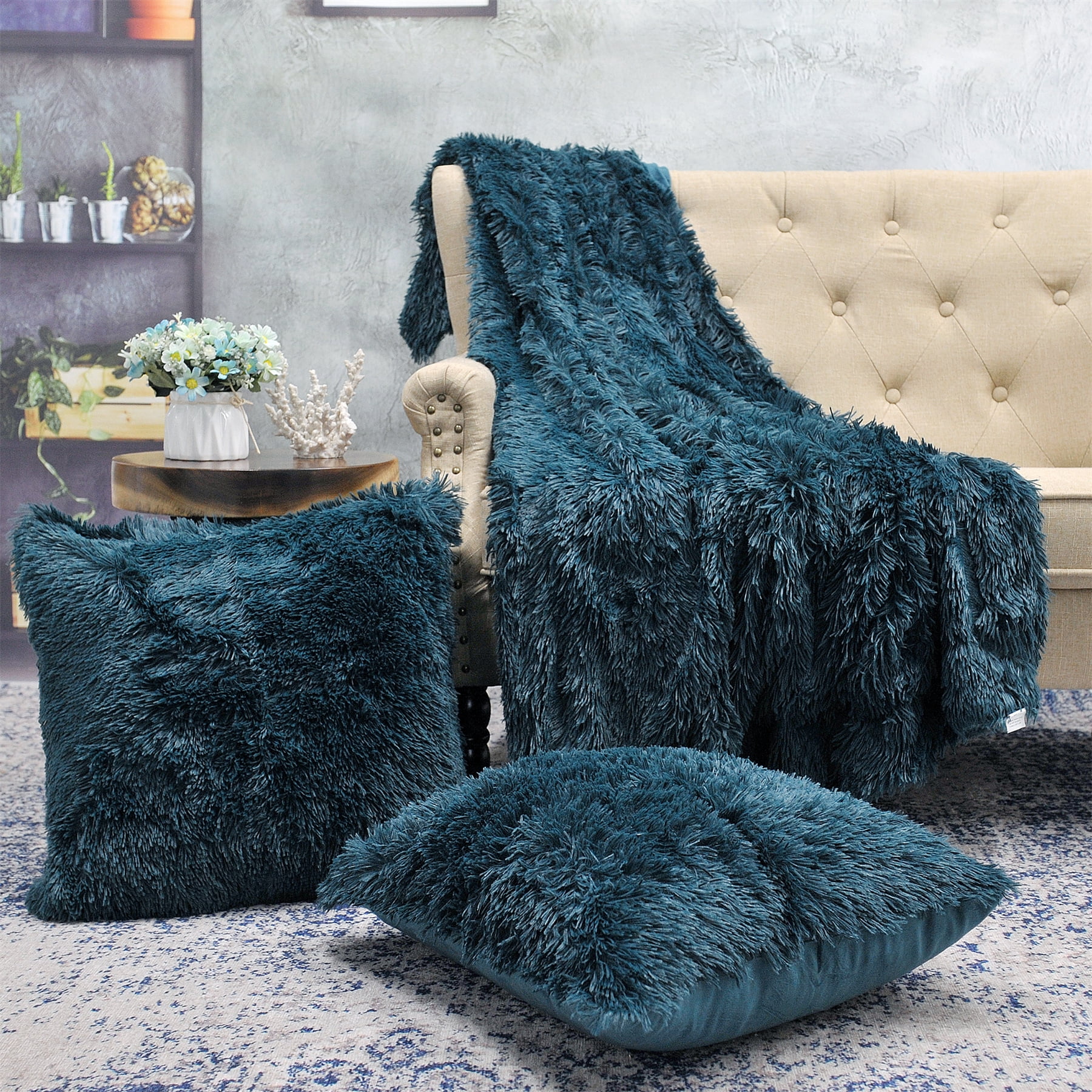 Home Soft Things Shaggy Throw & Pillow Cover 3 Piece Combo - Teal - 60" x 80"/20" x 20"
