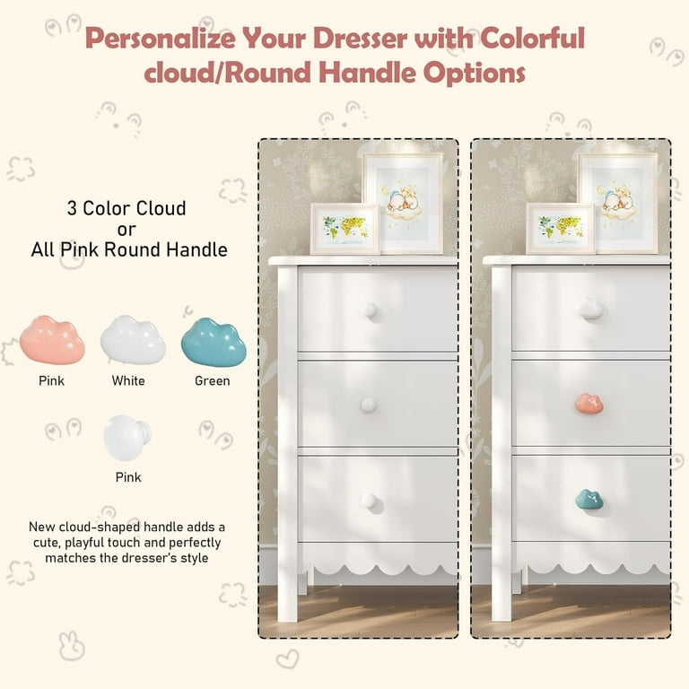 3 Drawer Dresser for Bedroom,Small Green Drawer Dresser with Colorful Cloud  Handle, Chest of Drawers for Bedroom, Cute Scalloped Nightstand for Living  ...