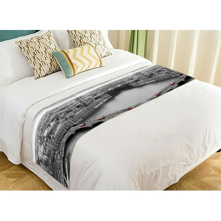 Bed Scarves GCKG Cityscape Bed Runner, Black and White Aerial View of the Houses of Parliament with Red London Buses Bed Runners Scarves Bed Decoration 20x95 inch ()