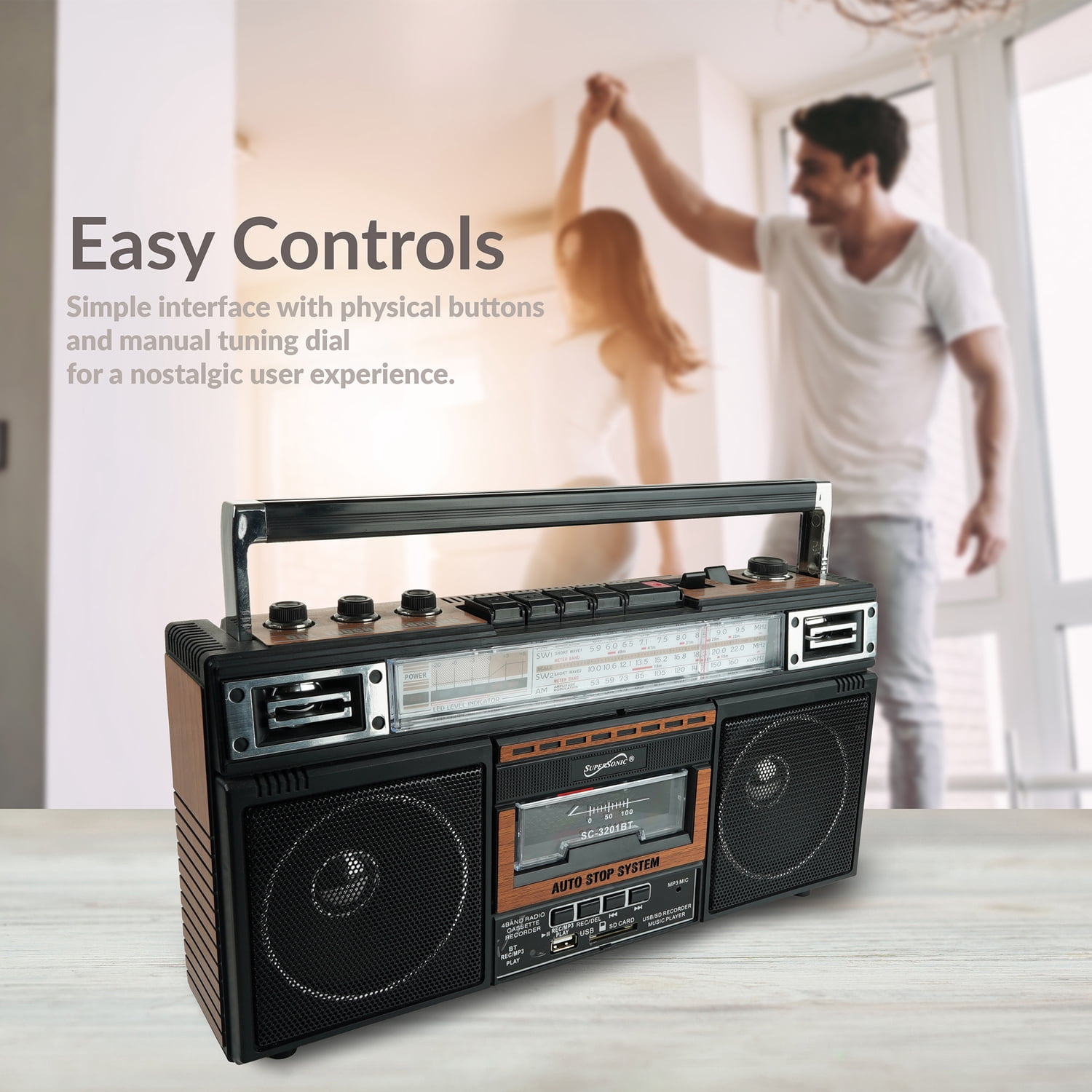 Supersonic Retro Bluetooth Cassette/AM/FM/Shortwave Boom Box, SC-3201BT, Wood