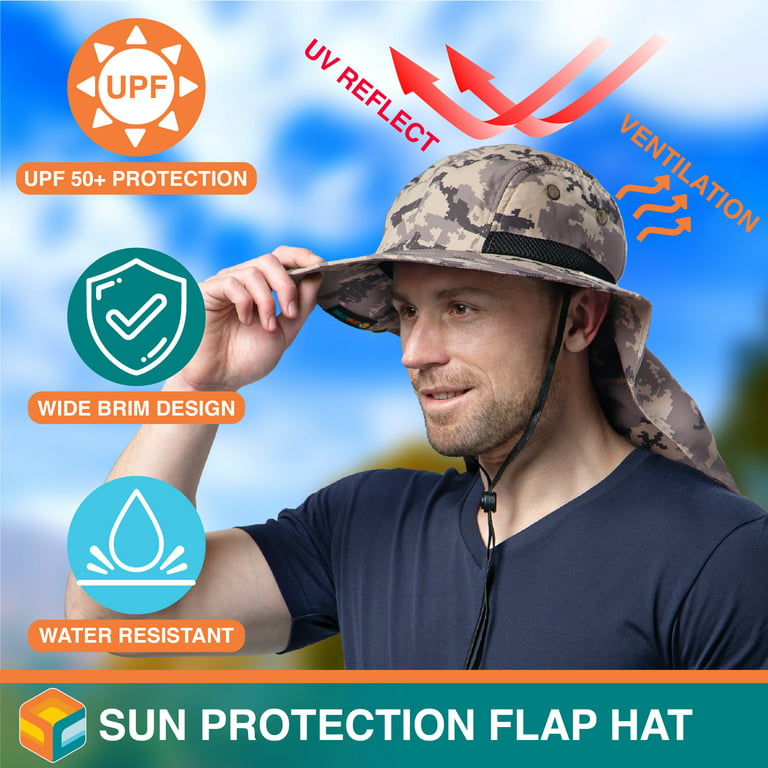 SUN CUBE Sun Hat for Men, Wide Brim Fishing Hat Neck Flap Cover Men Women, Hiking  Safari, UV Sun Protection Summer Gardening Beach Camping UPF 50+, Camo Gray  