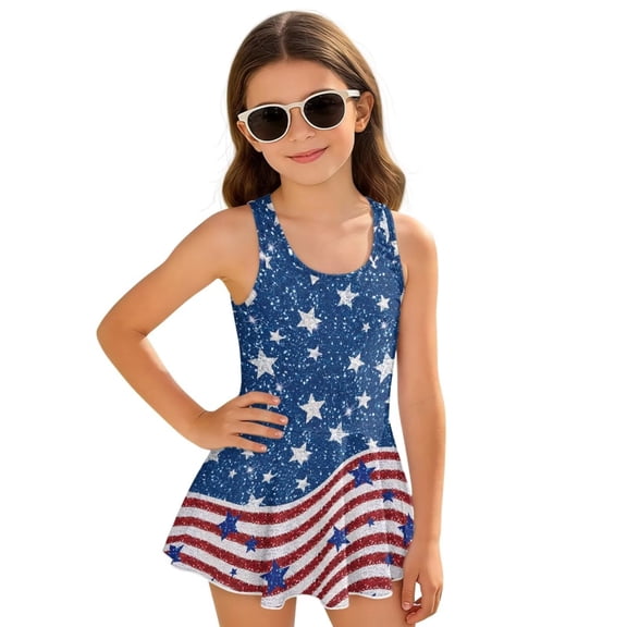 FOR U DESIGNS Girls One Piece Swimsuit with Skirt Comfortable Hawaiian Swimwear with Skirt Modest Beach Swim Dress 3-13 Years, American Flag