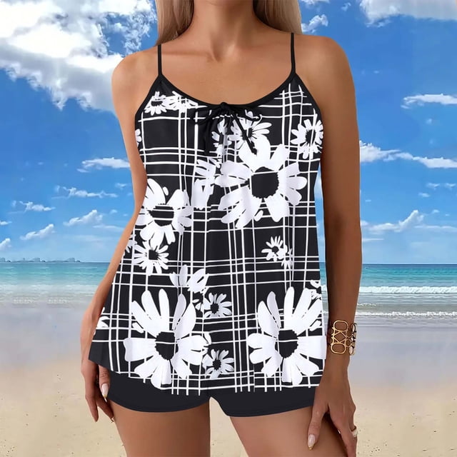 Bathing Suit for Women Two Piece Ruffled Flowy Tankini Tops Shorts Set Beach Swimsuits for Women