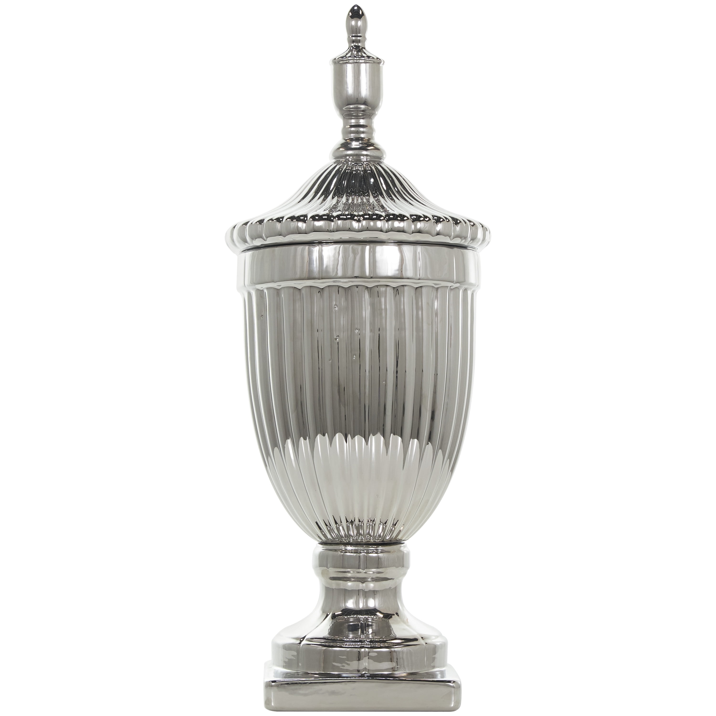 DecMode 10" x 25" Silver Ceramic Tall Decorative Jars with Grooves, 1-Piece