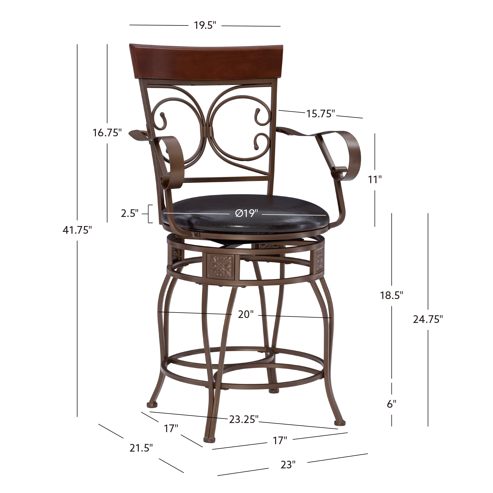 Powell Big & Tall 24" Indoor Metal Ornate Swivel Counter Stool with Arms, Bronze/Dark Brown Faux Leather