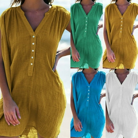 Band Gathered Back Dress Multitrust Women Summer Dresses Sundress V Neck Gathered Beach Holiday Short Linen Dress ()