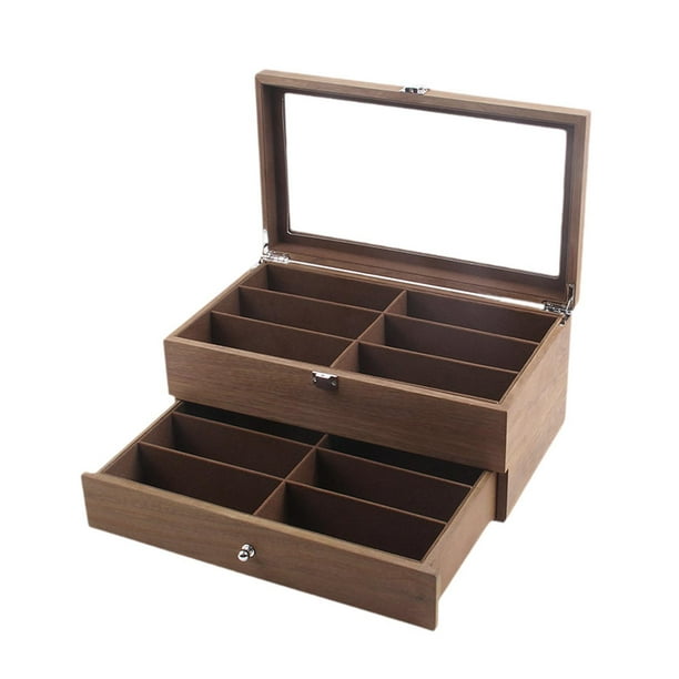 Caja organizadora de gafas de sol de madera con múltiples rejillas, organizador de relojes, vitrina 12 ranuras