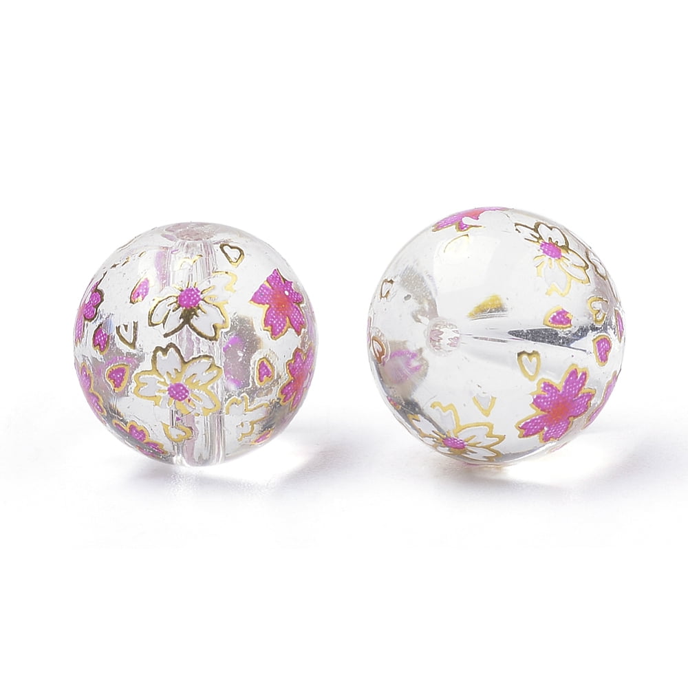 50pcs Printed Glass Beads Round with Flower Pattern Clear 11~12x11mm Hole: 1.5mm