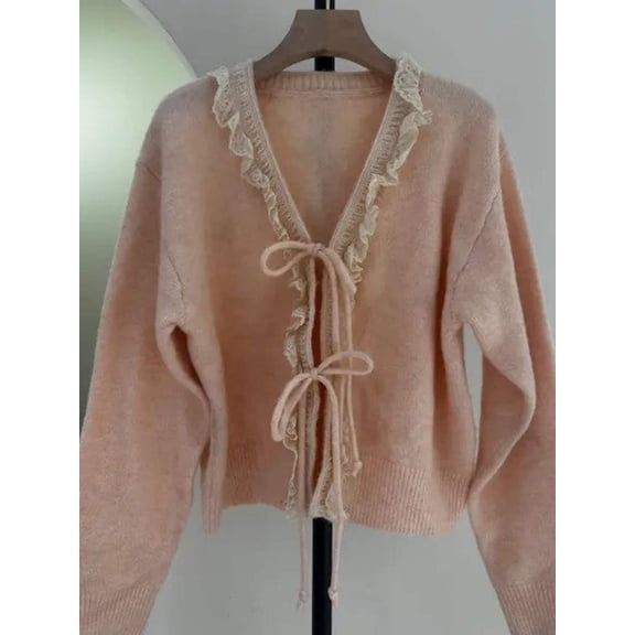 Front tie ruffled trim Cardigan