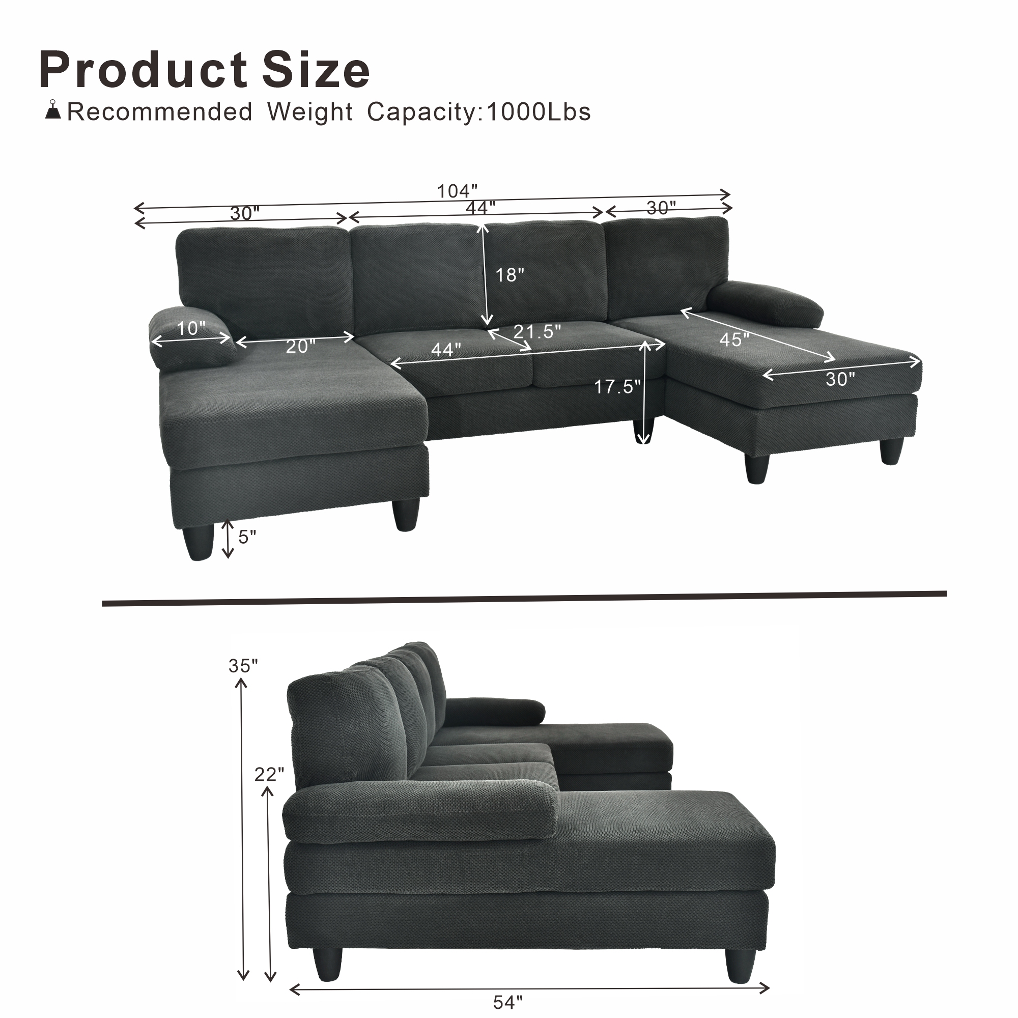 Leumius 104" U Shaped Sectional Sofa,Modern 4 Seat Oversized Sofa with Double Chaise for Living Room,Dark Gray