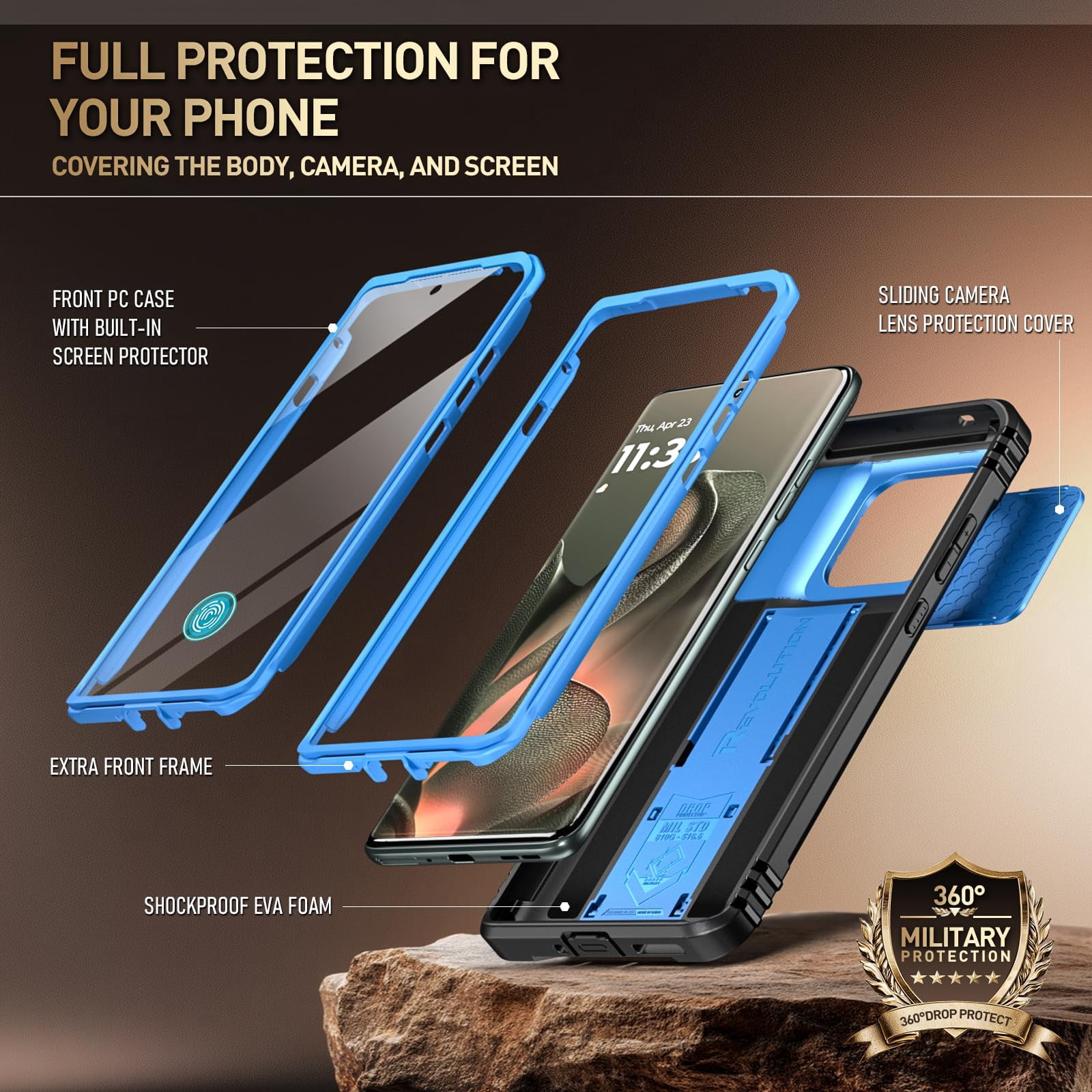 Poetic Revolution Case for Moto Edge 2025 [Not for 2024 Version], [Slide Camera Cover], Full-Body Military Grade Case with Kickstand and Built-in-Screen Protector, Light Blue