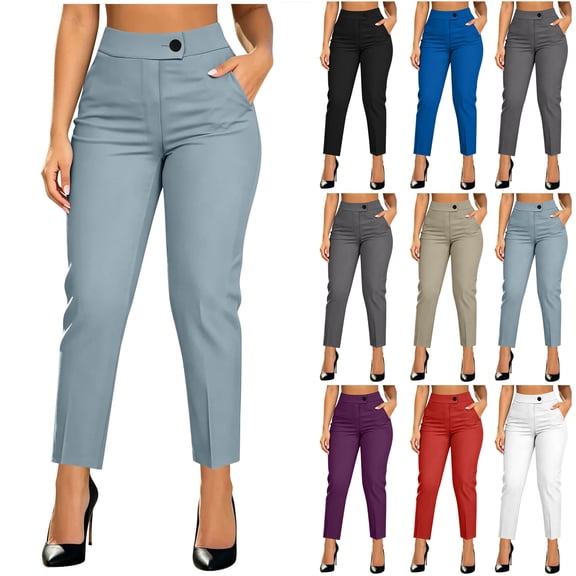 Bloomae Ankle Pants Pants for Women Button Elastic High Waisted Dress Pants Business Casual Office Work Cropped Trousers Slacks with Pockets