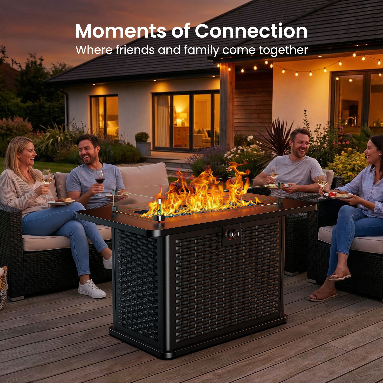 43" Propane Fire Pit Table with Wind Guard - 60,000 BTU Gas Rectangular Fire Pit with Blue Glass Rocks, Waterproof Cover for Deck, Backyard, Garden, Outdoor, CSA-Certified