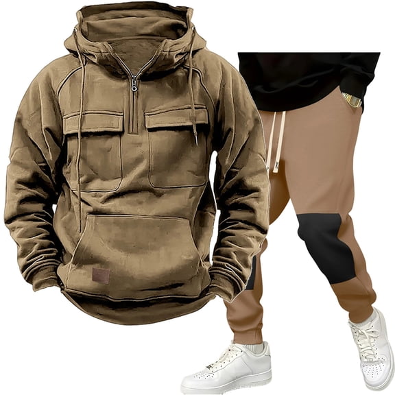 YueHuiYing Men's Long Set Solid Color With Casual Sweatshirt Work Pants Sports Set Long Sleeved Hooded Set