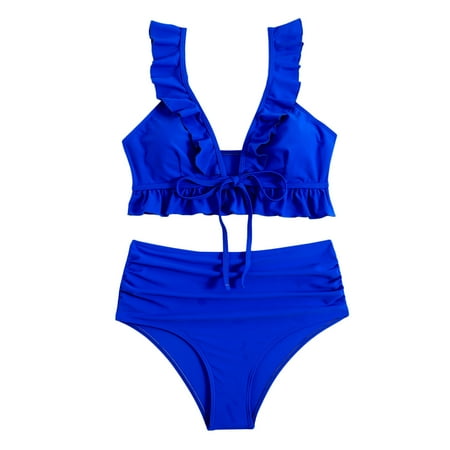 

Plus Size Bikini Top Ladies Lace Shoulder Strap Swimsuit Set Lace Up High Waist Solid Color Swimsuit Two Piece Set